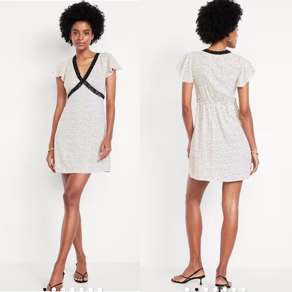 Old Navy Fit Flare Crepe Polka Dot Lace‎ Trim Flutter Sleeve Mini Dress Sz Small